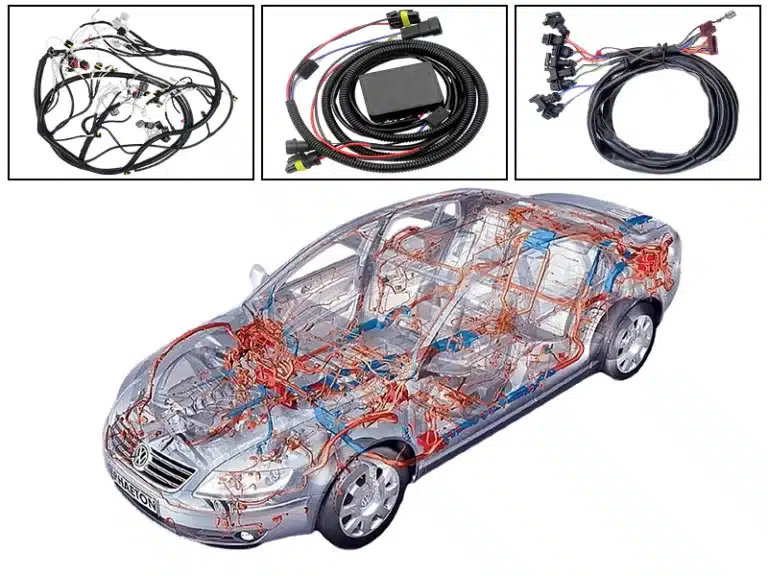 High-performance automotive wire harness featuring secure connectors and flame-retardant sleeving.