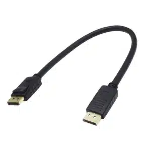 DP 1.2 cable with 21.6Gbps bandwidth, triple-layer EMI shielding, gold-plated locking pins, and HBR2 support.