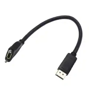 DisplayPort male to female adapter with 8K/4K support, gold-plated locking pins, and high-density EMI shielded housing.