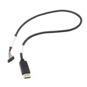 DisplayPort to serial converter with integrated chipset, DB9 male connector, gold-plated DP pins, and shielded data transmission.