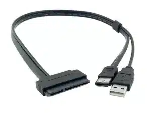 SATA 22-pin to eSATA USB cable with rugged shielding for data power link.