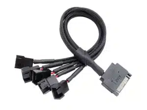 SATA to 4-pin fan cable with rugged shielding for industrial cooling.