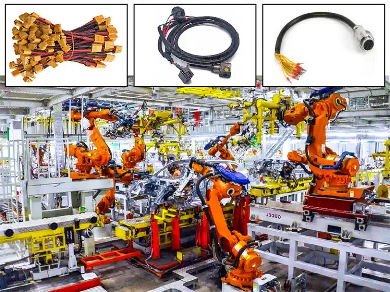 Rugged industrial wire harness featuring oil-resistant sleeving, heavy-duty connectors, and EMI shielding.
