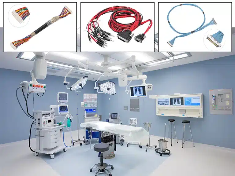 Medical harness with biocompatible insulation, full-coverage protective sleeving, and hospital-grade connectors.