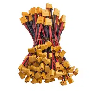 Drone battery harness with heat-resistant silicone insulation, high-current copper conductors, and vibration-proof battery connectors.