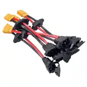 Electric motorcycle charging harness with weatherproof female socket, flame-retardant heavy-gauge wiring, and secure-lock connectors.