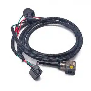 Ruggedized vehicle harness with corrugated protective sleeving, weather-sealed connectors, and high-vibration resistant wiring.