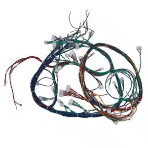 Industrial welding machine harness with heat-resistant silicone insulation, high-current copper conductors, and EMI-shielded control wiring.