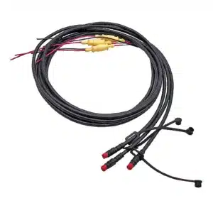 M12 fish detector harness with IP68-rated overmolded connectors, salt-spray resistant PVC jackets, and shielded sonar signal wiring.