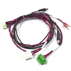 Robot chassis harness with heavy-duty power conductors, full-coverage protective sleeving, and vibration-proof connectors.