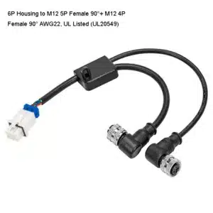 6-pin housing to dual M12 female splitter cable with rugged shielding for sensors.