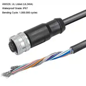 High-flex M12 female to open end drag chain cable with rugged shielding for motion.