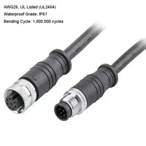 High-flex M12 male to female drag chain cable with rugged shielding for motion.