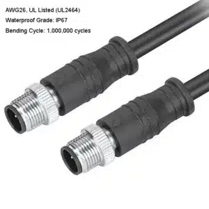 High-flex M12 male to male drag chain cable with rugged shielding for motion.