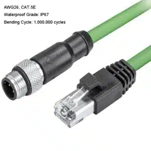High-flex M12 to RJ45 drag chain cable with rugged shielding for moving applications.