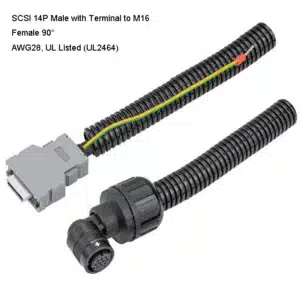 M12 female 90-degree connector control cable with rugged shielding for robotic systems.