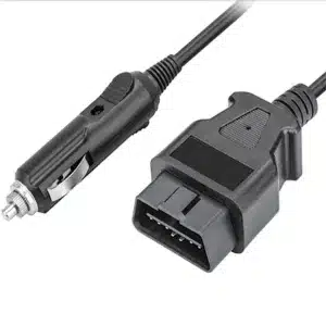 OBD2 16-pin male to cigarette lighter plug cable with rugged power integration.