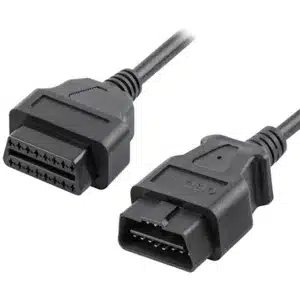 OBD 16-pin male to female extension cable with rugged shielding for vehicle diagnostics.