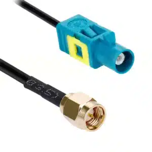 FAKRA HSD to SMA male cable with rugged shielding for automotive RF.