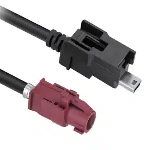 HSD to USB Mini-B cable with LEONI AWG26 shielding, LVDS compatibility, and automotive-grade connectors.