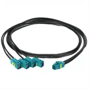 Mini Fakra 4-way to FAKRA female cable with rugged shielding for automotive.