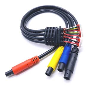BMW-compatible motorcycle recorder harness with waterproof fuse holder, shielded signal cables, and OEM-grade plug-and-play connectors.