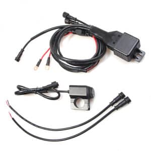 Motorcycle handlebar switch harness with high/low beam toggles, weather-sealed multi-pin connectors, and abrasion-resistant PVC jacketing.