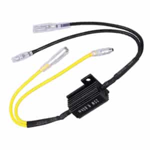 LED motorcycle signal decoder with aluminum-housed load resistors, heat-dissipating fins, and waterproof plug-and-play connectors.