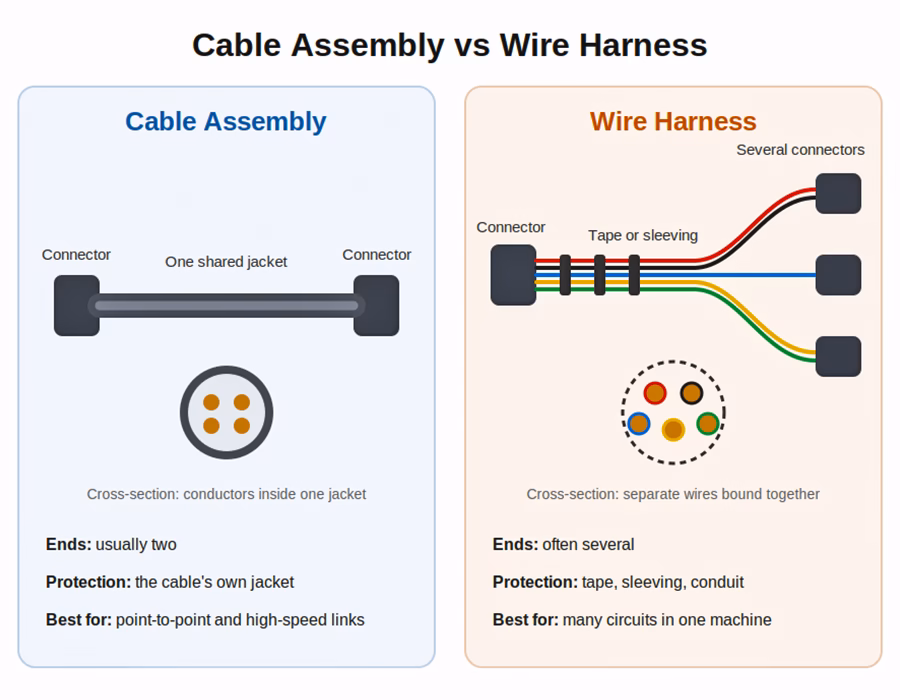 Cable assembly vs wire harness comparison diagram showing one jacketed cable with two connectors next to separate wires branching to several connectors