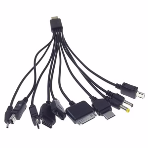 10-in-1 USB charging cable with multiple connectors (Mini USB, Micro-B, Proprietary pins) and reinforced splitter.