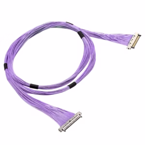 0.4mm pitch micro-coaxial LVDS cable with high-density connectors and EMI shielding.