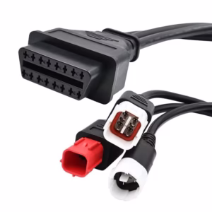 Universal 3-in-1 motorcycle OBD2 adapter for ruggedized vehicle diagnostics.