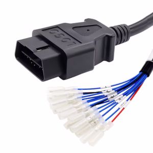Custom OBD2 16-pin extension cable with rugged shielding for vehicle diagnostics.