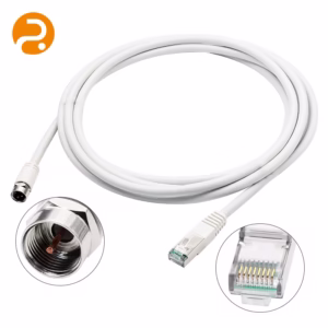 RJ45 male to TV9.5 male coaxial cable with rugged shielding for RF signals.