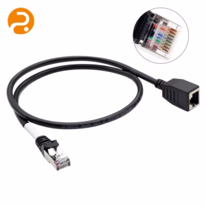 RJ45 female to male extension cable with rugged shielding and secure latching.