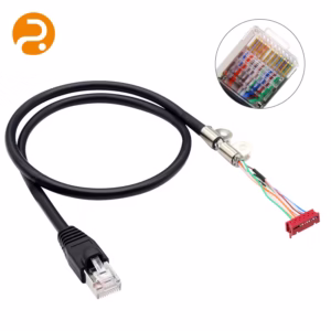 RJ45 to 10-pin connector with secure screw-down locking for industrial use.