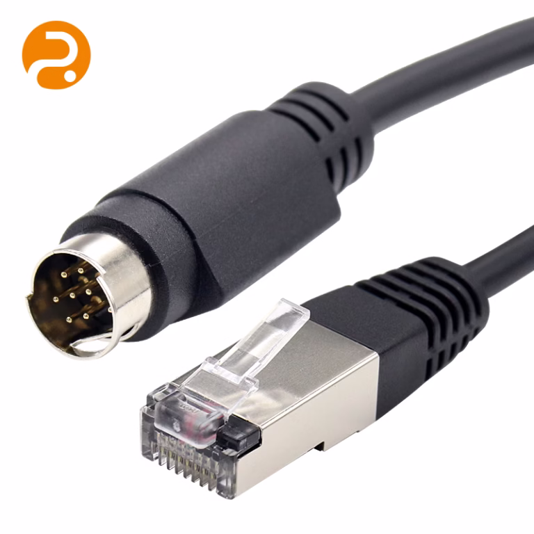 RJ45 to 8-pin mini-DIN VISCA control cable with rugged shielding for PTZ cameras.