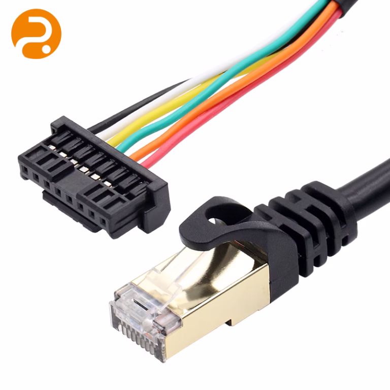 RJ45 to audio terminal block cable with secure screw-down connections.