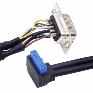 Industrial chassis adapter cable with high-density DB and 19-pin USB connectors, low-interference shielded wiring, and full-coverage protective insulation.