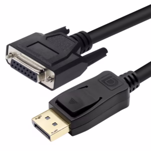 Shielded DP-DB15 cable with Al-Mylar foil, tinned copper braid, and overmolded strain relief.