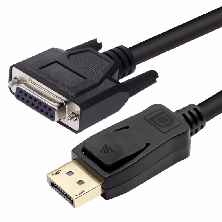 Shielded DP-DB15 cable with Al-Mylar foil, tinned copper braid, and overmolded strain relief.