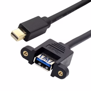 Mini DP to USB 3.0 hybrid cable with high-speed differential pairs, triple-layer EMI shielding, and precision-molded strain relief.