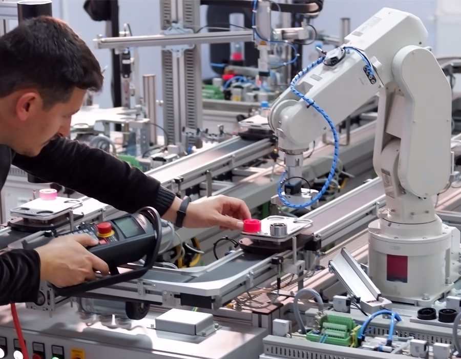 Industrial robotic arm and control box with mounted sensors (M8 connectors likely used on cables)