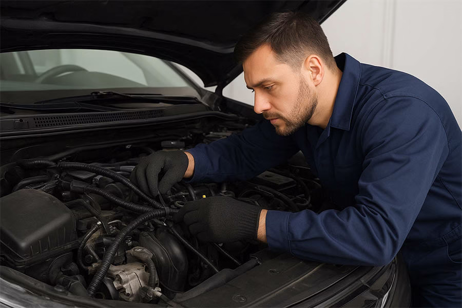 A mechanic securing a wiring harness under the hood. Work methodically, fixing the harness with zip ties and linking connectors.