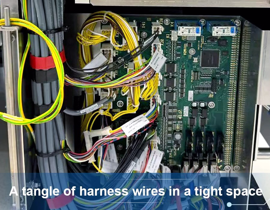 A tangle of harness wires in a tight space