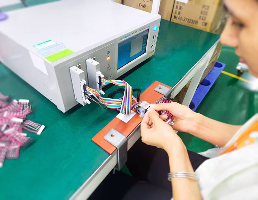 A technician testing a cable harness with a harness tester tool