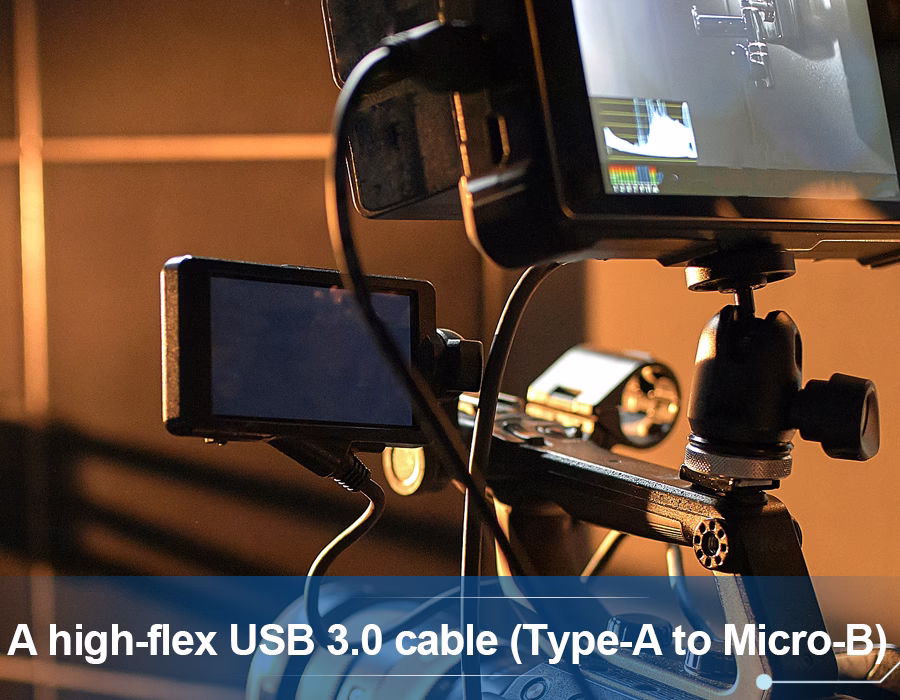 An industrial USB 3.0 Type-A to Micro-B cable with locking screws