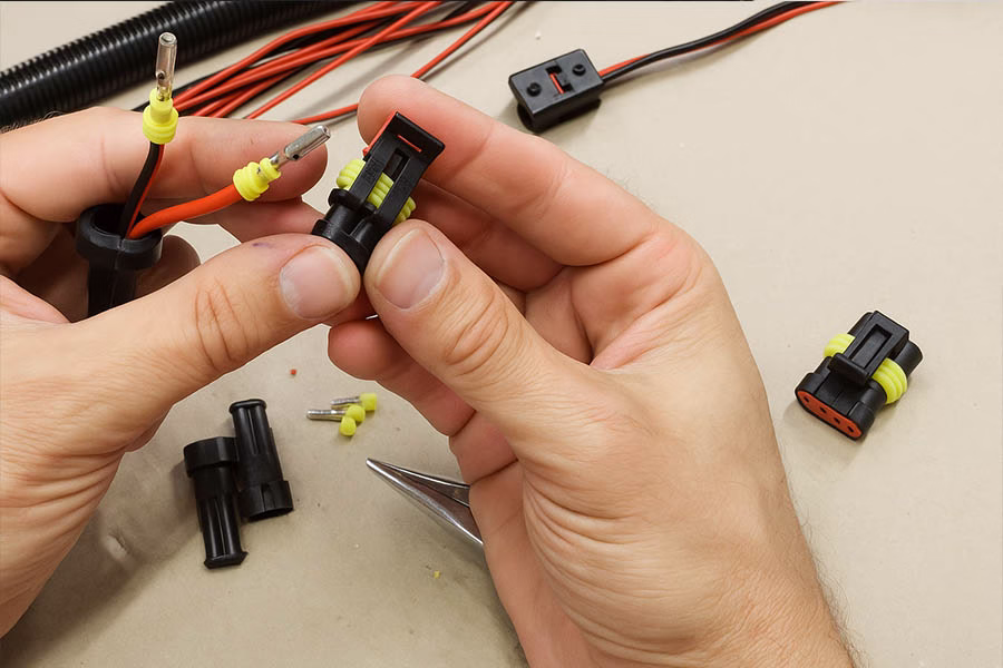 Close-up of a technician crimping terminals on a car wiring connector. Use proper crimps and heat-shrink tubing for secure connections.
