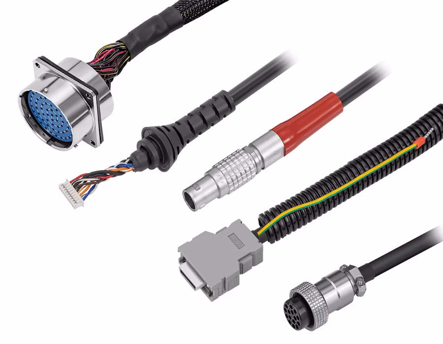 Common types of industrial connectors, such as circular sensor plugs or high-power motor terminals.