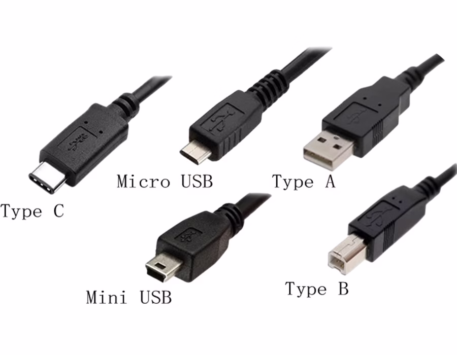 Examples of standard USB connectors (A, B, C, Micro)